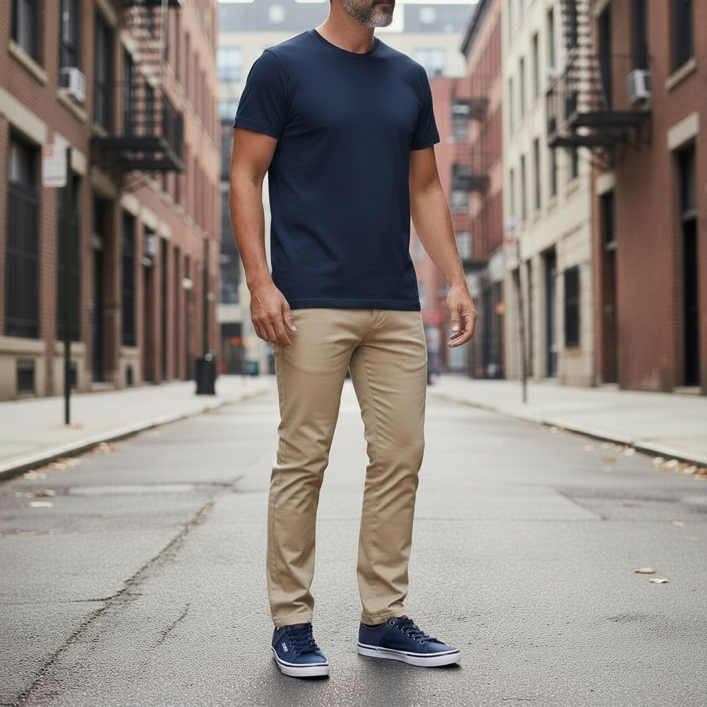 Homme portant un t-shirt bleu, pantalon beige et baskets bleues en ville, chaussures LA CHAUSSURERIE