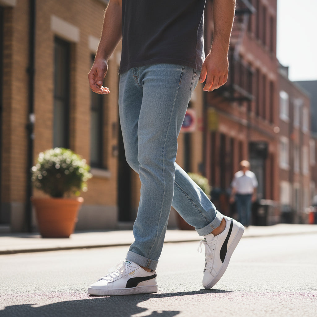 Homme portant des baskets Puma Basket Classic XXI blanches et noires en ville, LA CHAUSSURERIE