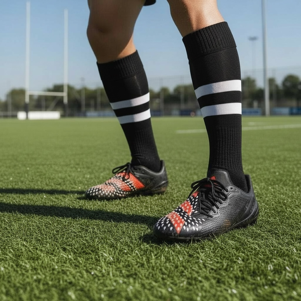 Chaussures de football noires à motifs rouges et blancs sur terrain synthétique, LA CHAUSSURERIE