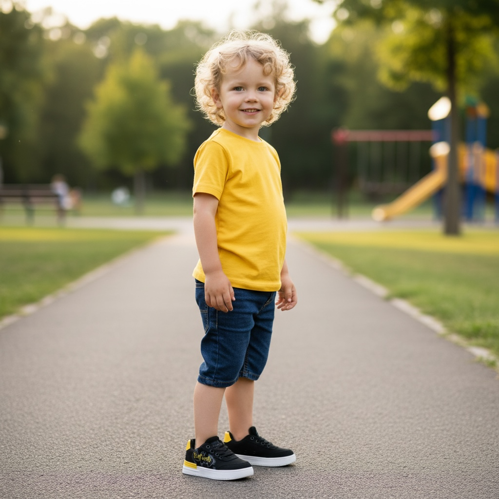 Enfant souriant en t-shirt jaune et baskets noires au parc, LA CHAUSSURERIE.