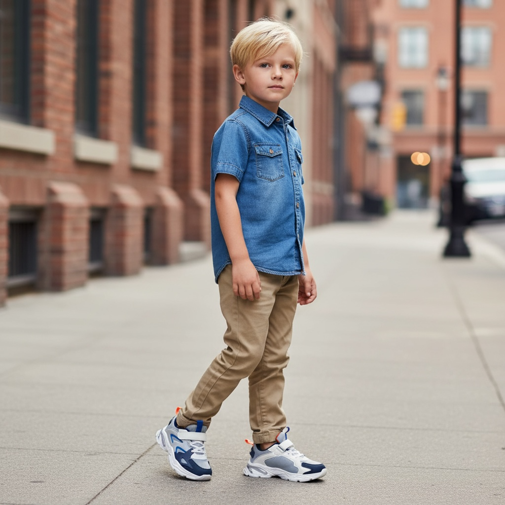 Garçon blond en chemise en jean et baskets LA CHAUSSURERIE marchant en ville sur trottoir