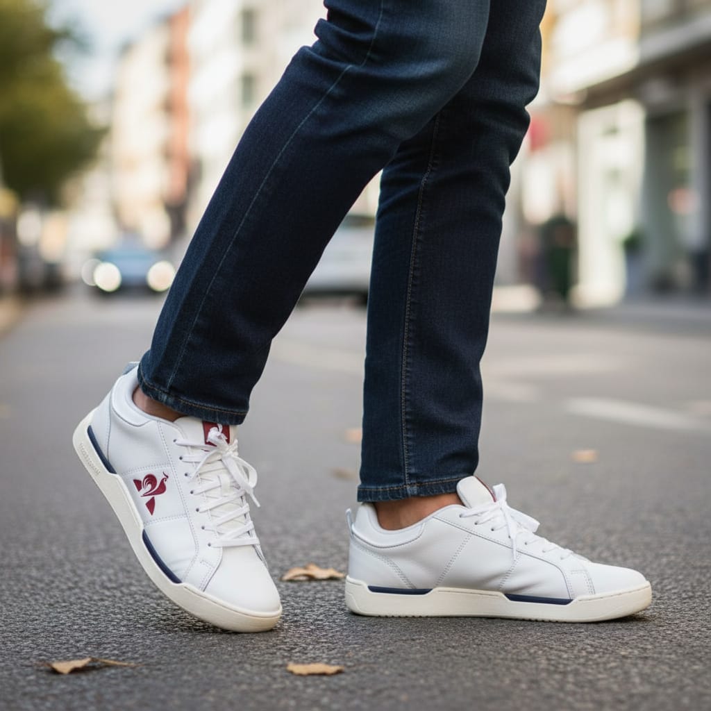 Baskets blanches homme LA CHAUSSURERIE portées en ville, style décontracté, rue en arrière-plan
