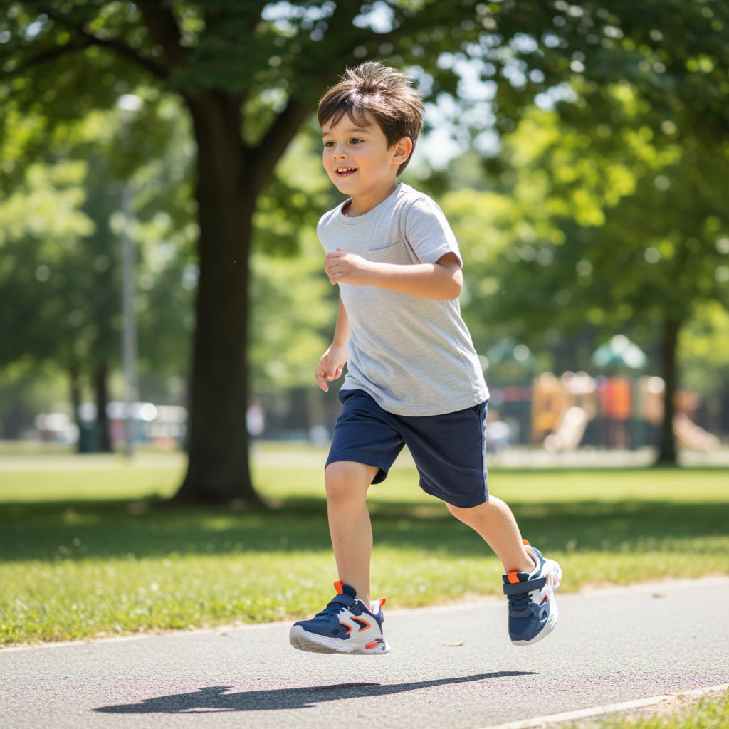 Garçon courant dans un parc avec des chaussures enfant scratch orange LA CHAUSSURERIE