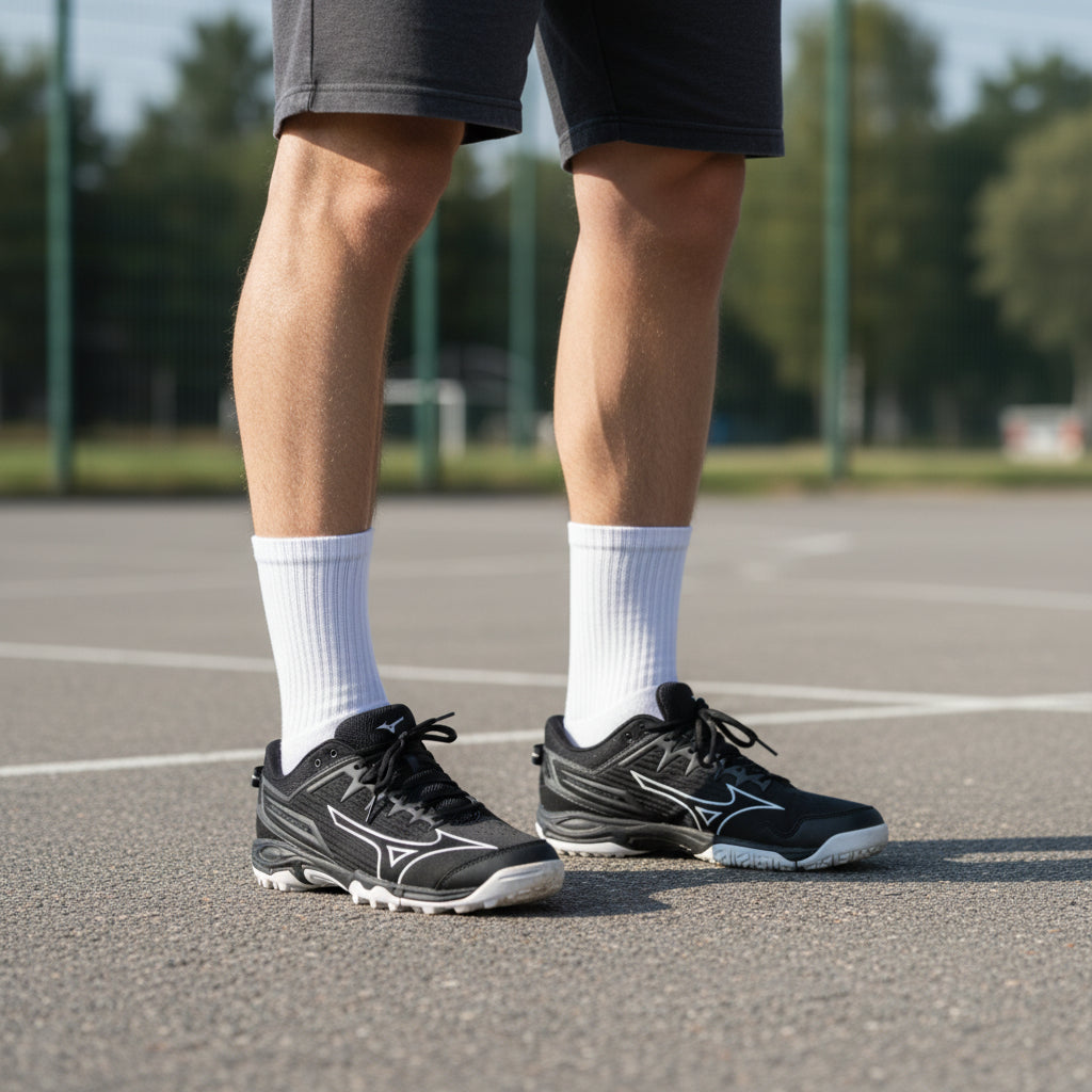 Homme en short portant baskets noires Mizuno sur terrain extérieur, LA CHAUSSURERIE