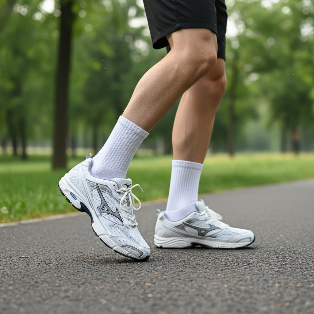 Homme en baskets blanches marchant sur une piste, chaussures sport LA CHAUSSURERIE