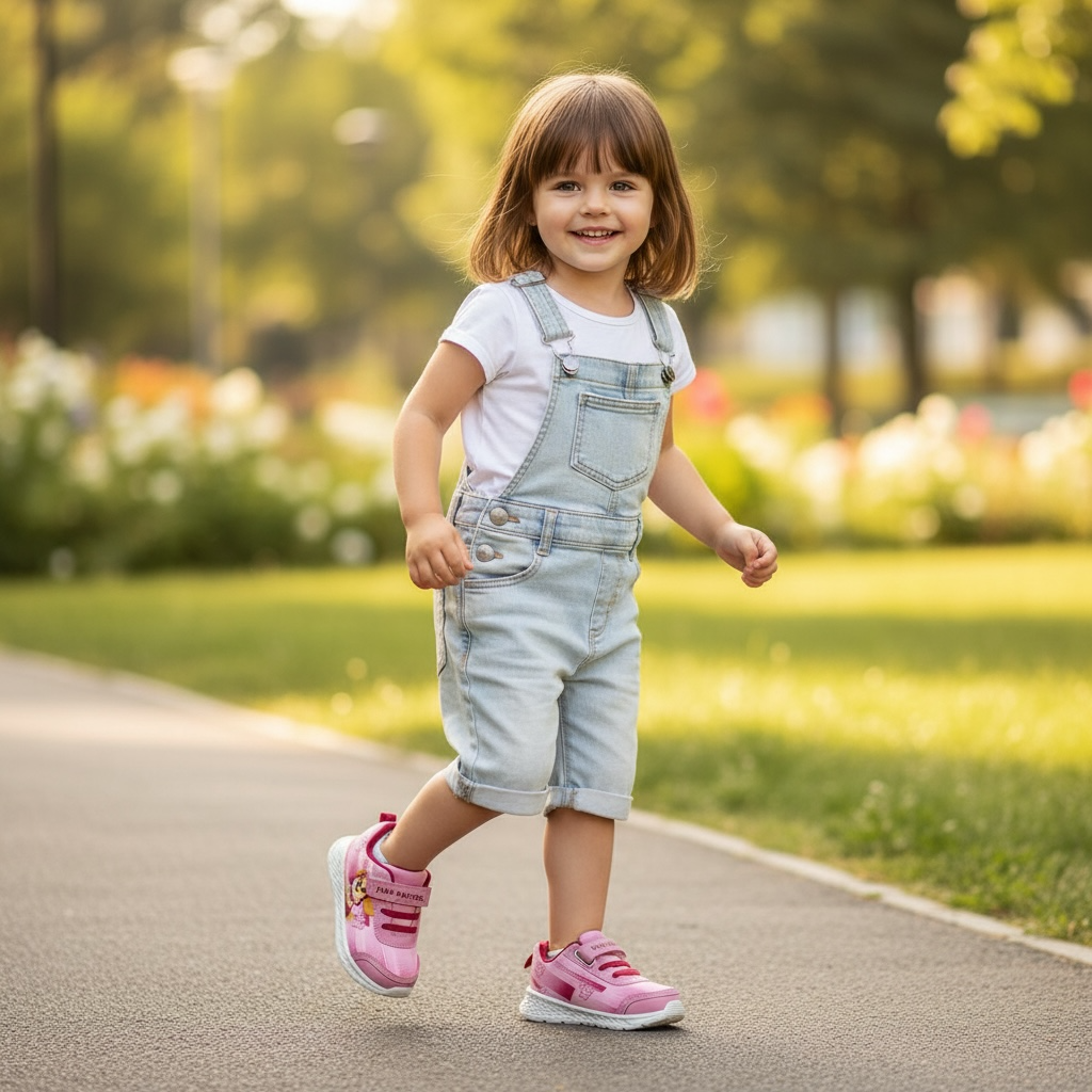 Petite fille souriante en salopette et baskets roses, marchant dans un parc, LA CHAUSSURERIE