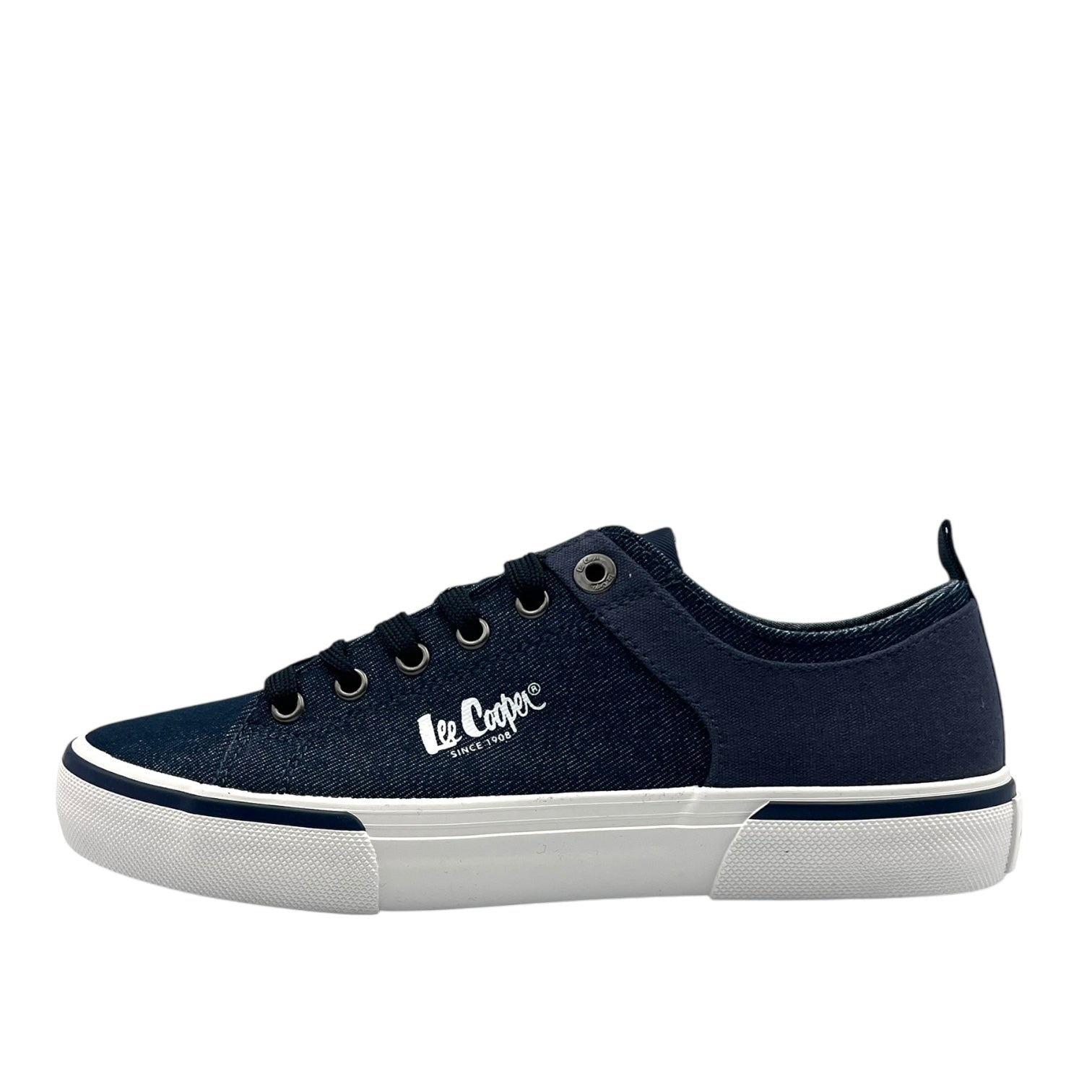 Basket en toile bleu marine Le Coqpe, semelle blanche, vue latérale, LA CHAUSSURERIE