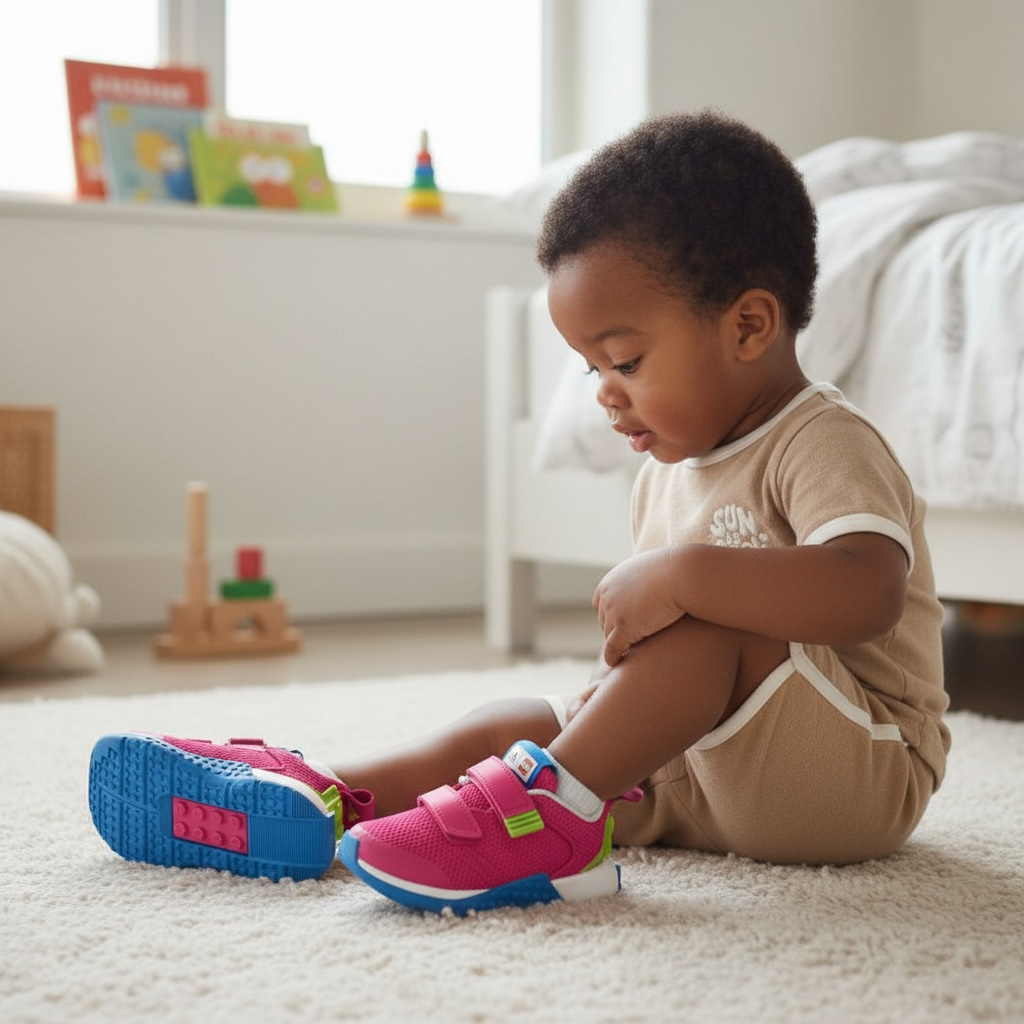 Enfant assis sur tapis, portant baskets roses La Chaussurerie dans une chambre lumineuse.