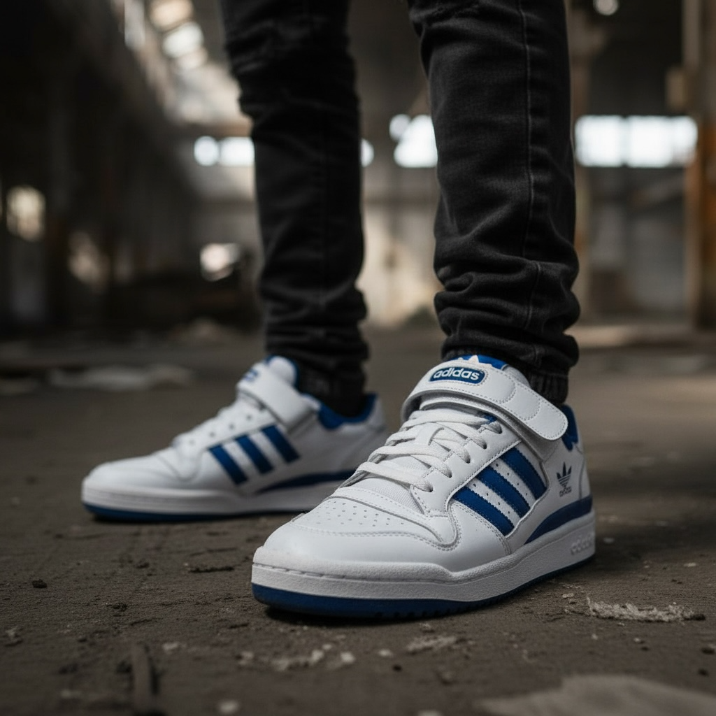 Baskets Adidas blanches à bandes bleues portées sur sol urbain, LA CHAUSSURERIE