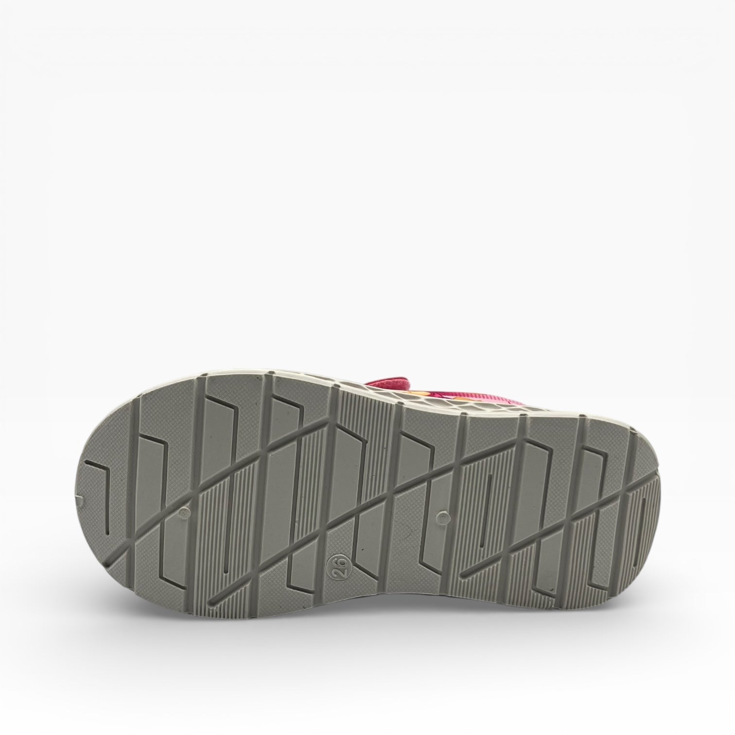 Semelle de chaussure enfant grise, vue dessous, LA CHAUSSURERIE, fond blanc