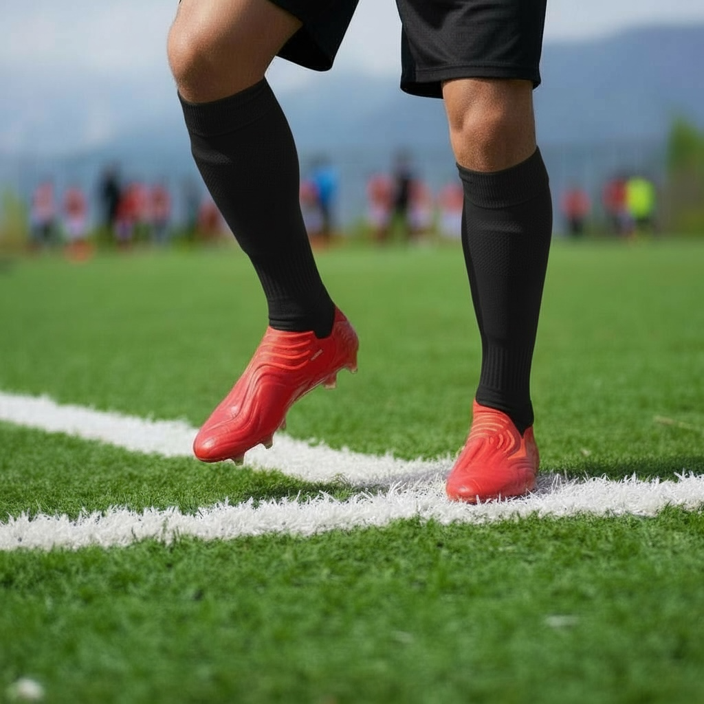 Joueur sur terrain de football, chaussures de foot rouges, chaussettes noires, LA CHAUSSURERIE