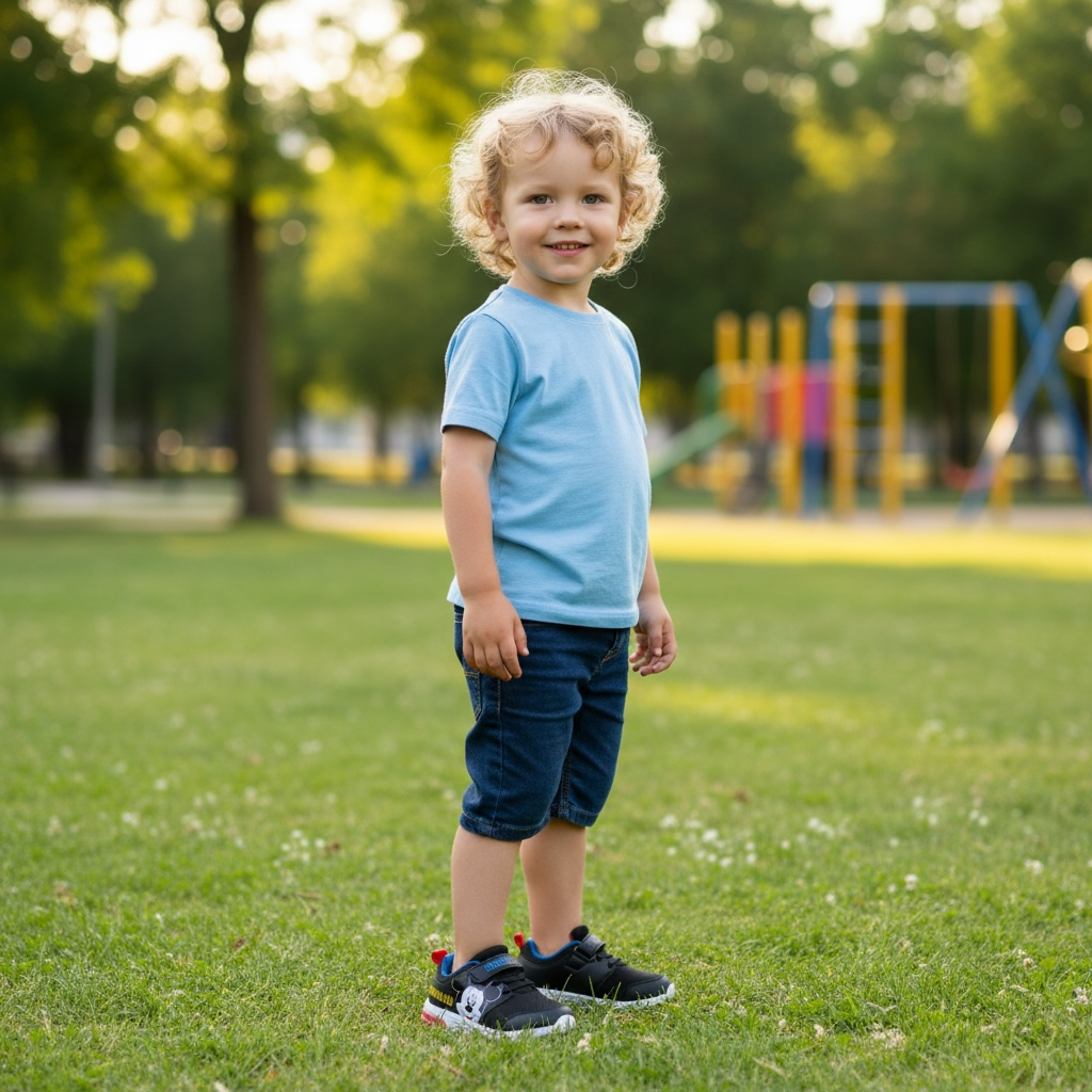 Garçon souriant en baskets sur pelouse, parc en arrière-plan, LA CHAUSSURERIE enfants