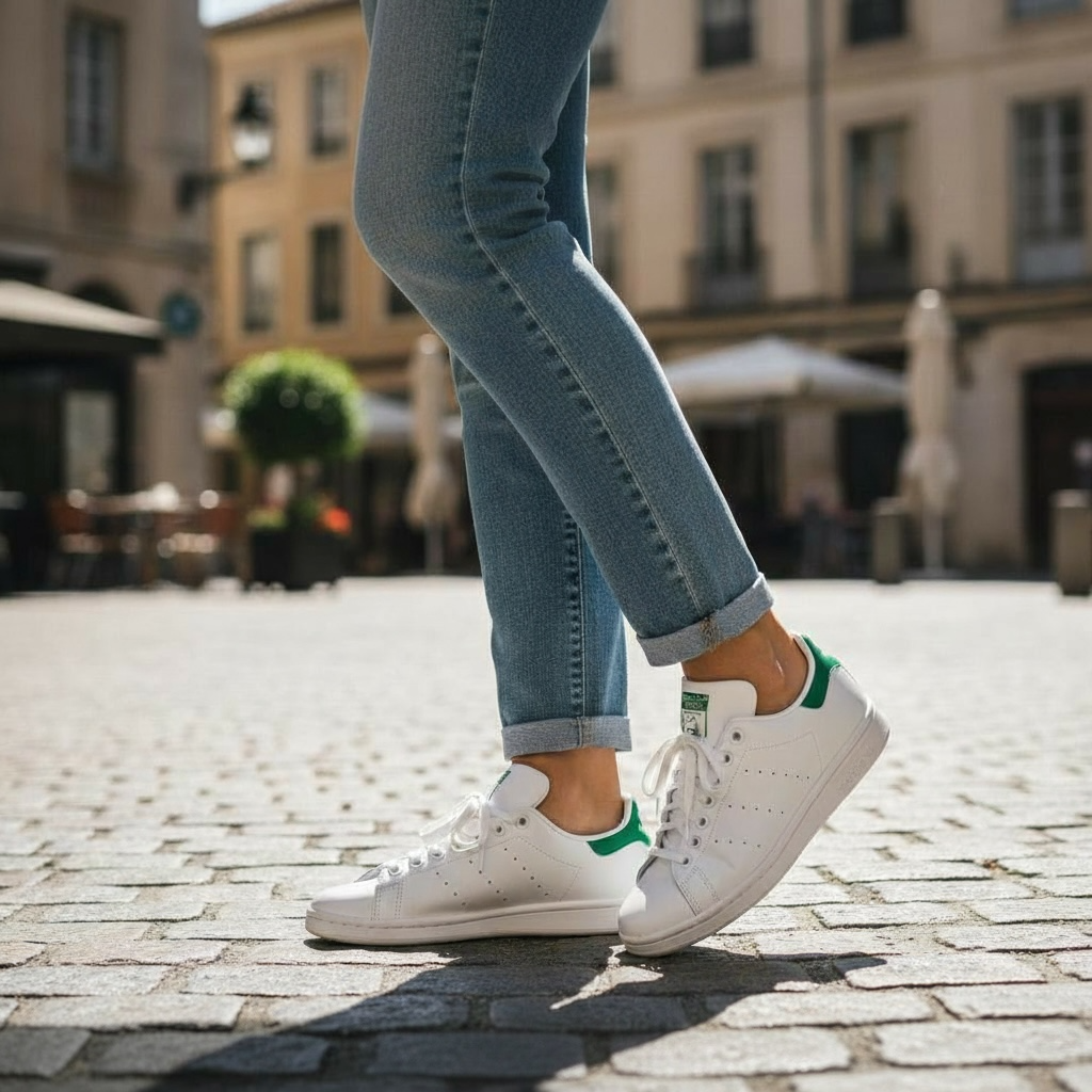 Baskets blanches et vertes LA CHAUSSURERIE portées avec un jean dans une rue pavée ensoleillée
