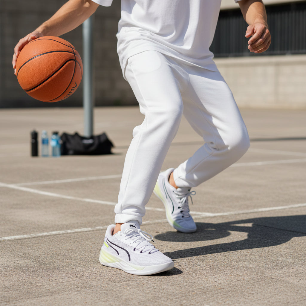 Baskets Puma All-Pro Nitro blanches, amorti NITRO, portées sur terrain de basket extérieur