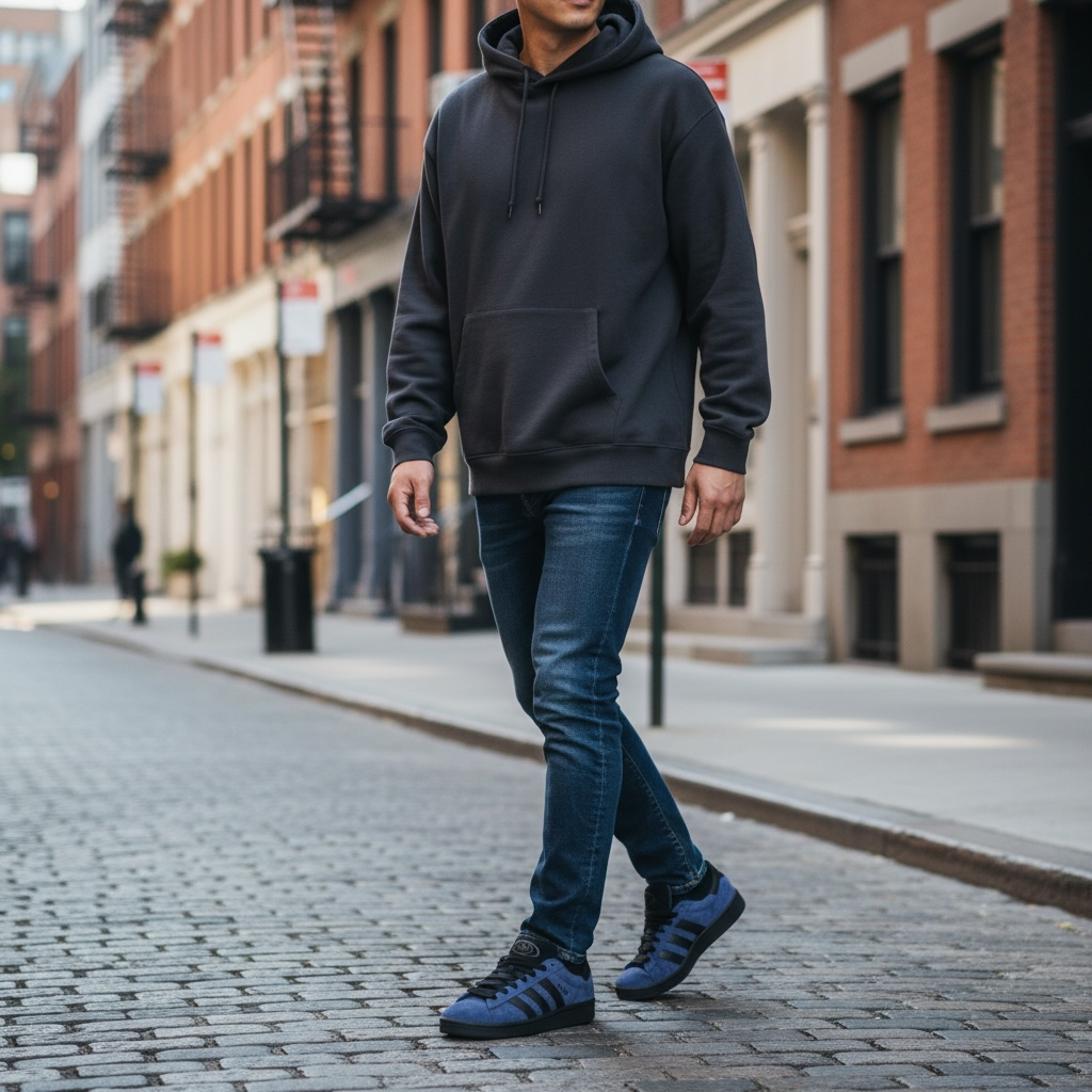 Homme en jean et sweat foncé portant des baskets bleues, rue urbaine, LA CHAUSSURERIE