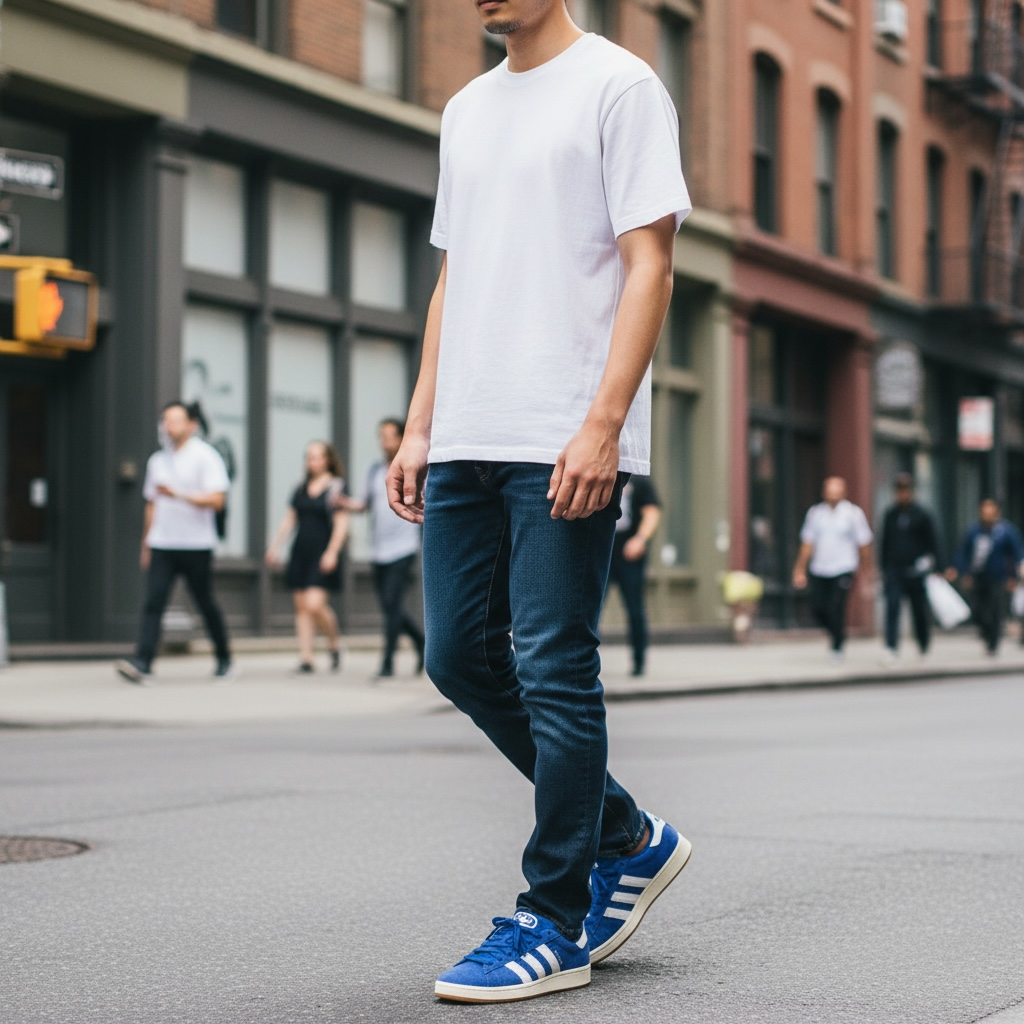 Homme en jean et baskets bleues LA CHAUSSURERIE marchant en ville, style urbain moderne