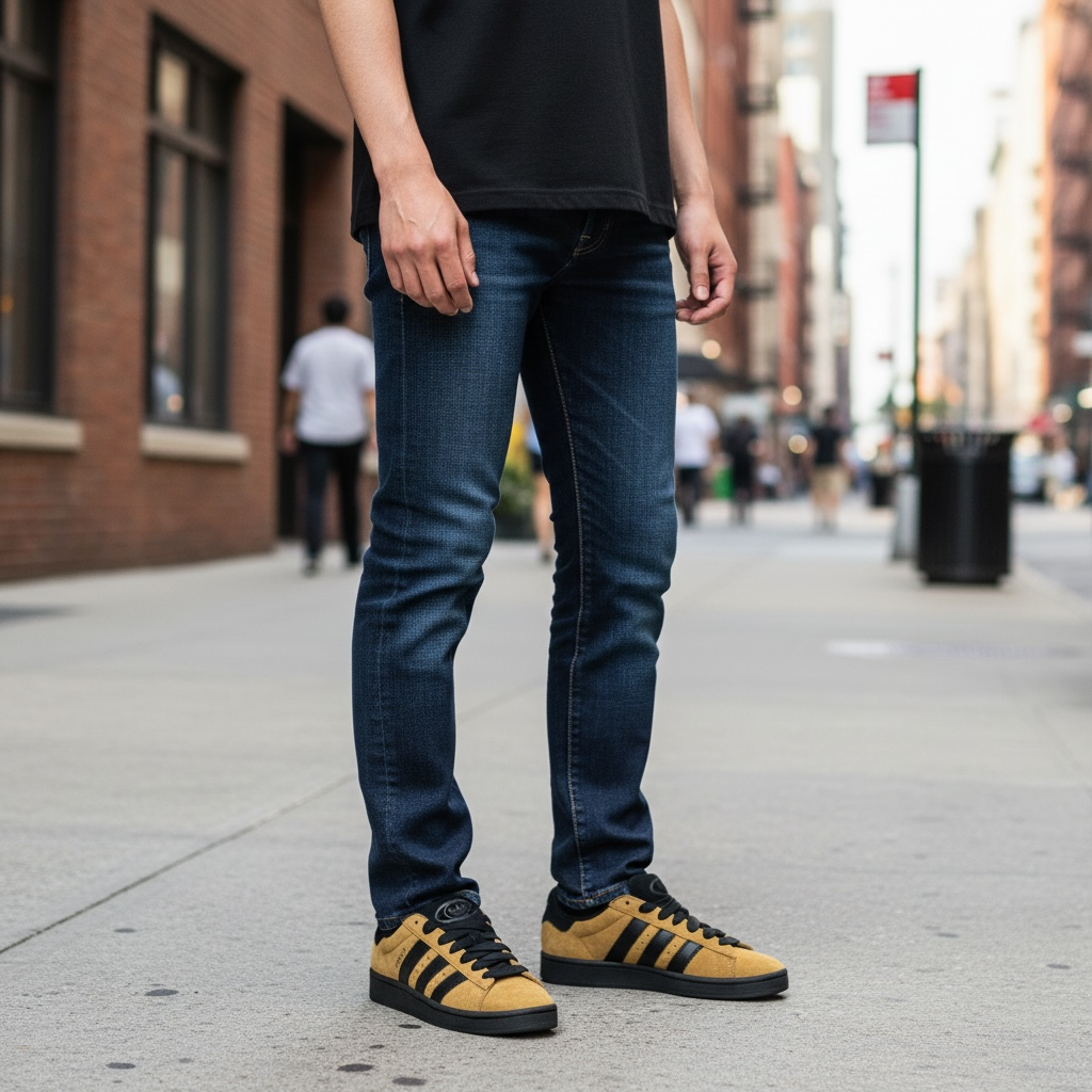 Homme debout en jean et baskets jaunes sur un trottoir urbain, LA CHAUSSURERIE.