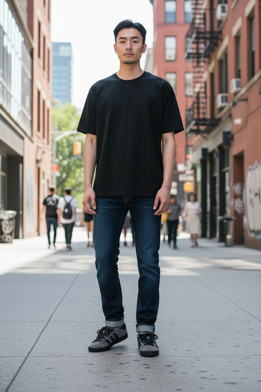 Homme debout en jean et t-shirt noir, baskets, dans une rue urbaine, LA CHAUSSURERIE