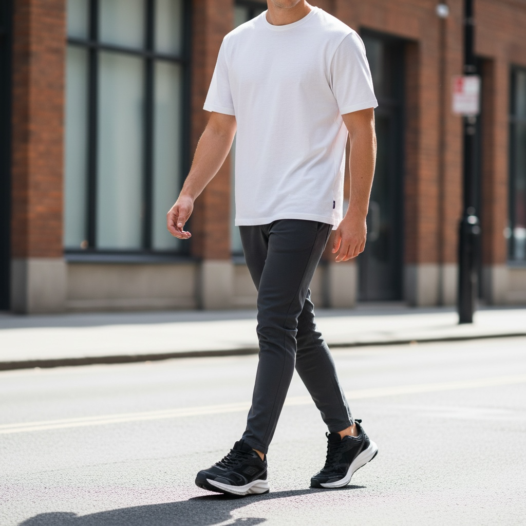 Homme portant baskets noires LA CHAUSSURERIE, pantalon gris, t-shirt blanc en ville