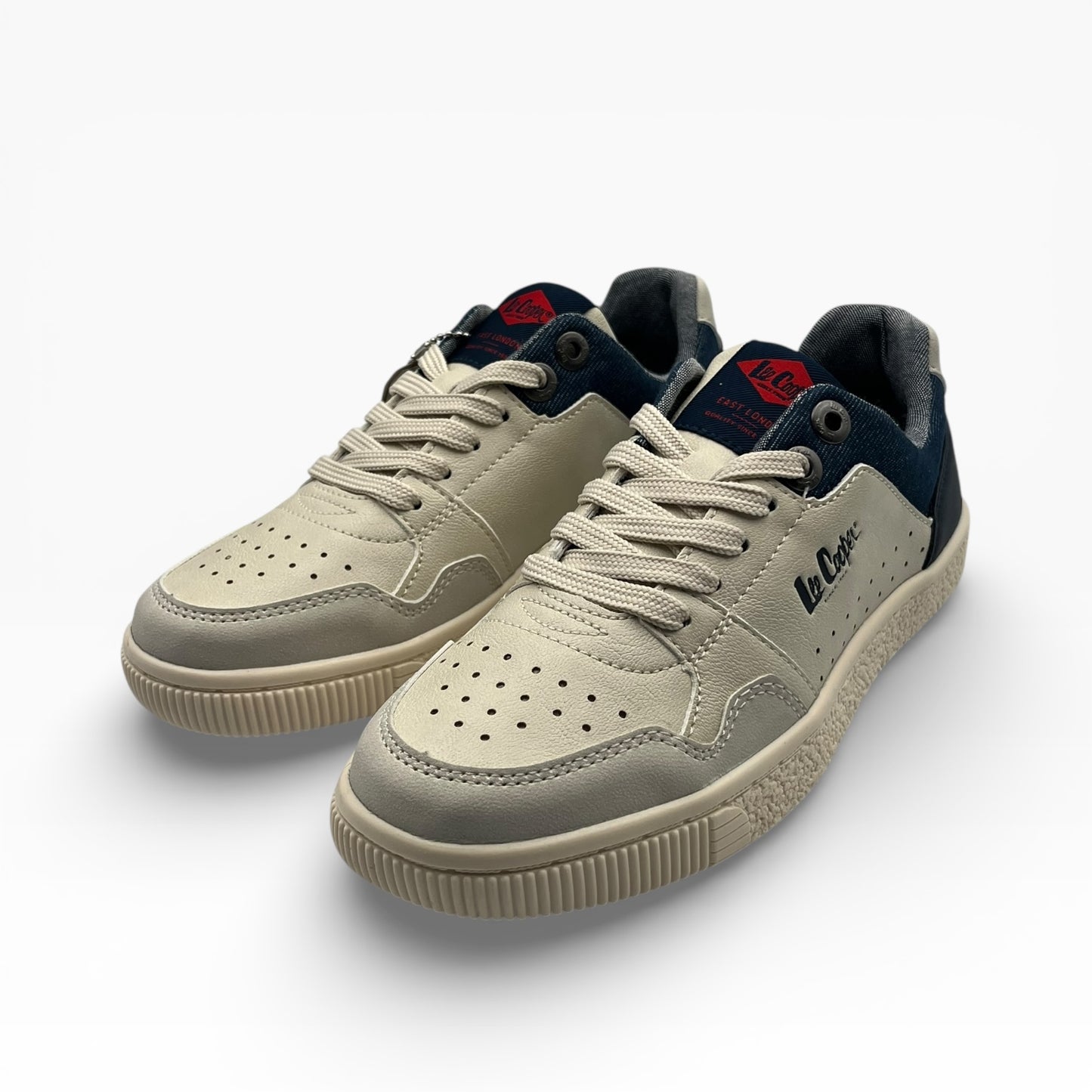 Baskets homme beige et bleu La Chaussurerie, logo sur le côté, style urbain moderne
