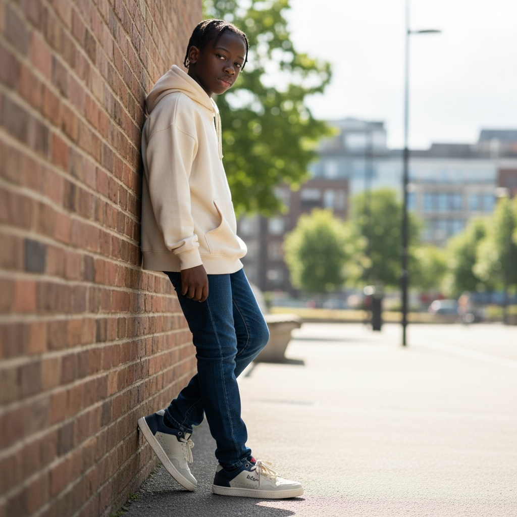 Adolescent en sweat beige, jeans et baskets mode, adossé à un mur en ville, LA CHAUSSURERIE