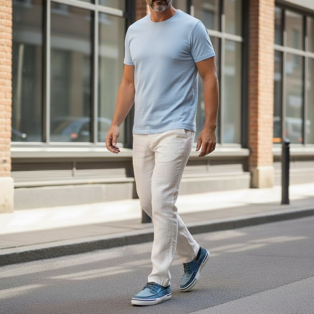Homme élégant en t-shirt bleu, pantalon clair et baskets sur rue urbaine, LA CHAUSSURERIE