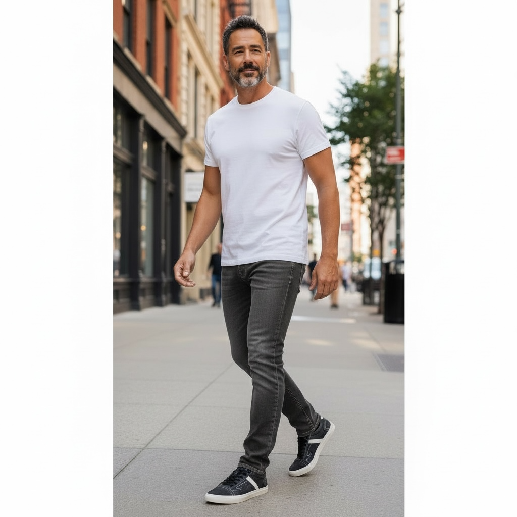 Homme en jeans, t-shirt blanc et baskets noires marchant en ville, LA CHAUSSURERIE