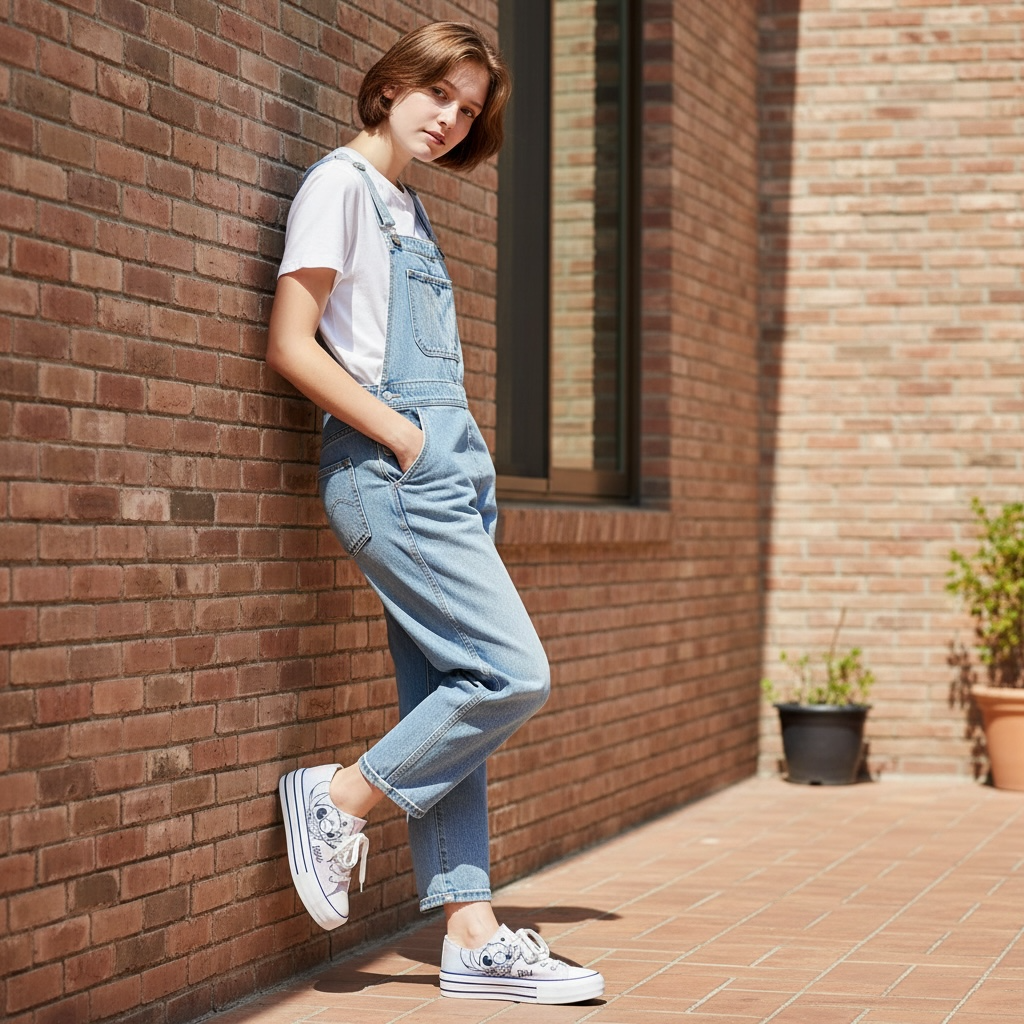 Jeune femme en salopette en jean et baskets, posant dehors contre un mur de briques, LA CHAUSSURERIE