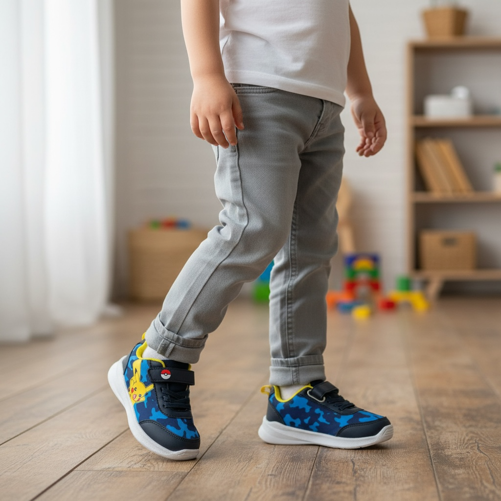 Enfant portant baskets bleues Pikachu sur parquet, chaussures enfant LA CHAUSSURERIE