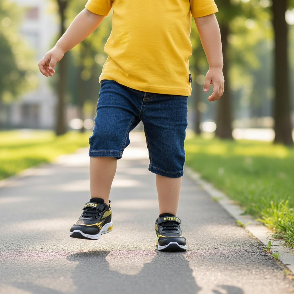 Enfant portant t-shirt jaune et baskets Batman, marchant sur chemin, LA CHAUSSURERIE.
