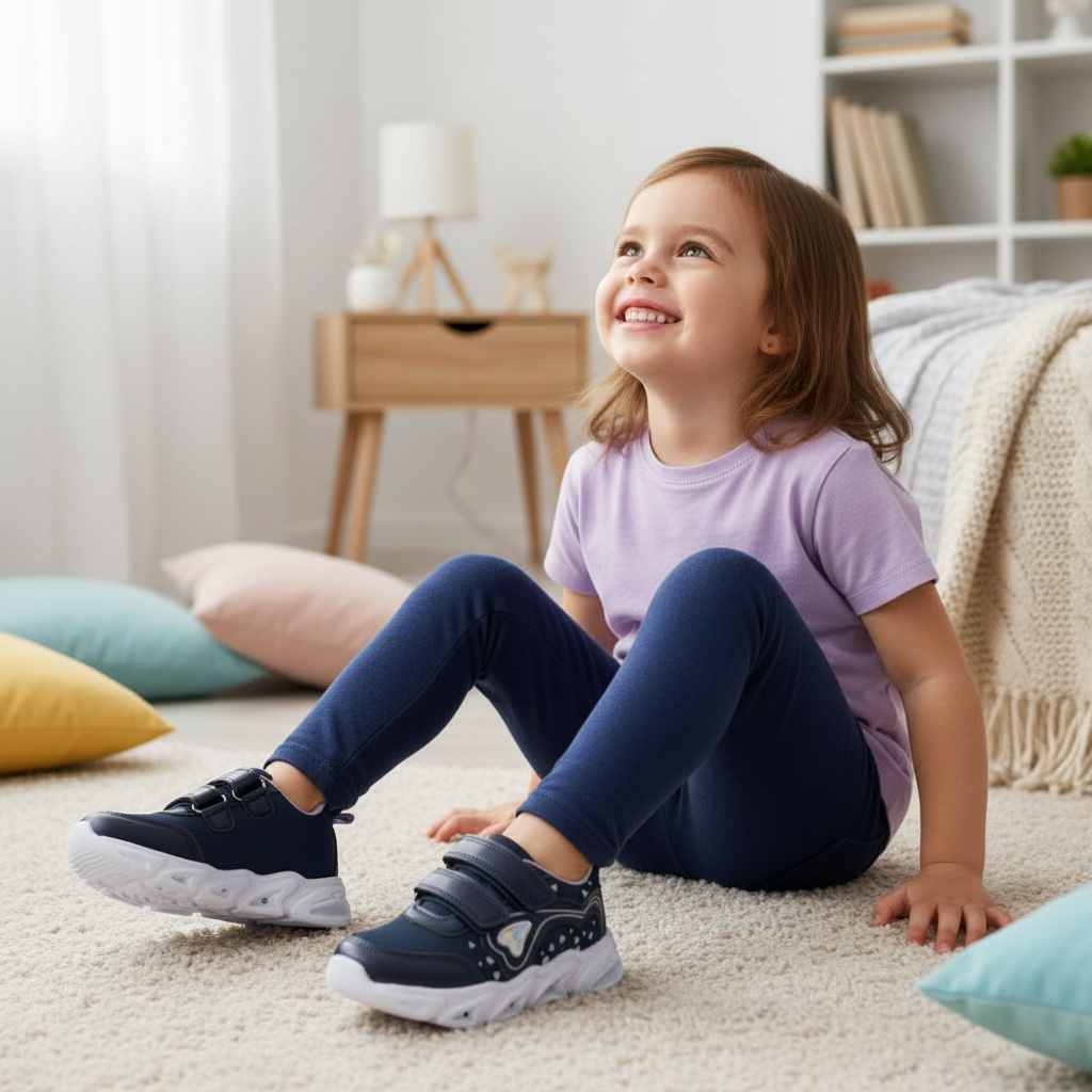 Enfant souriante assise au sol portant baskets bleu marine, intérieur cosy, LA CHAUSSURERIE