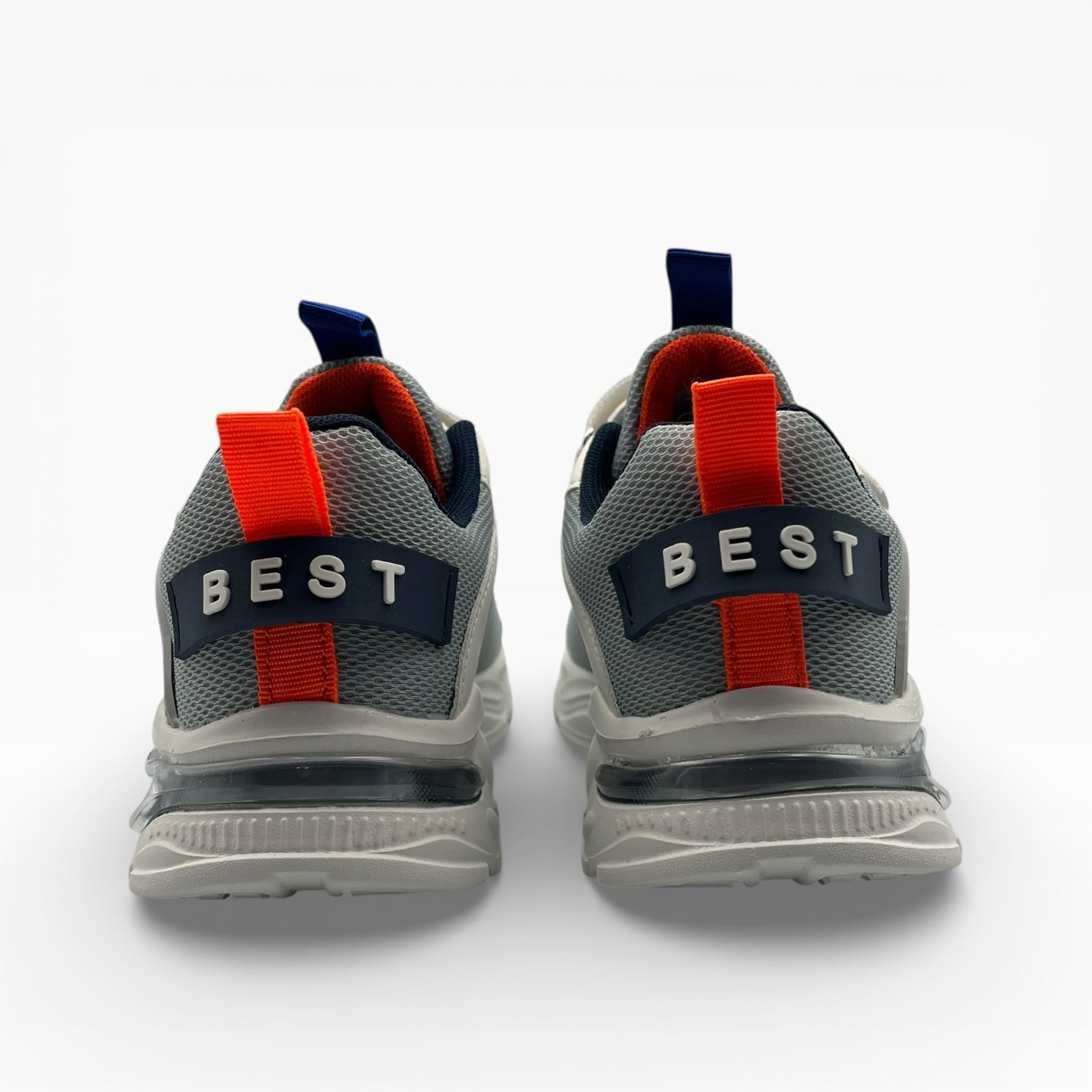 Baskets grises LA CHAUSSURERIE pour homme, détail talon BEST, semelle blanche, arrière vue.