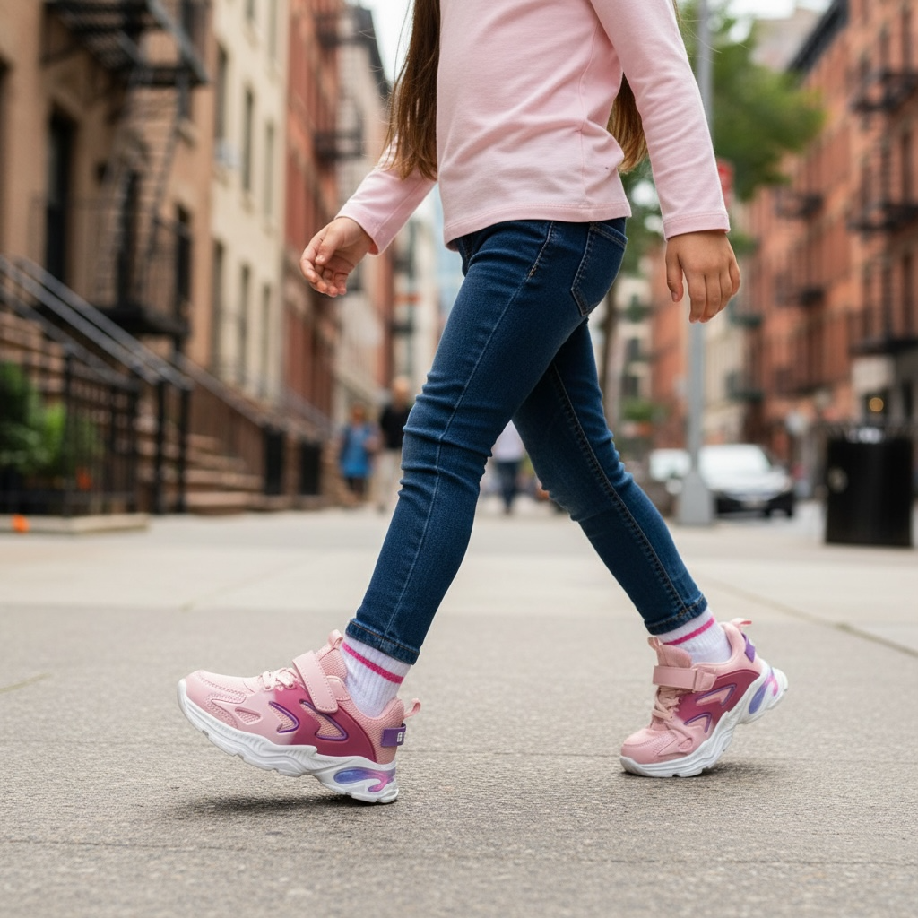 Enfant portant des baskets roses LA CHAUSSURERIE, marchant en ville, look urbain moderne