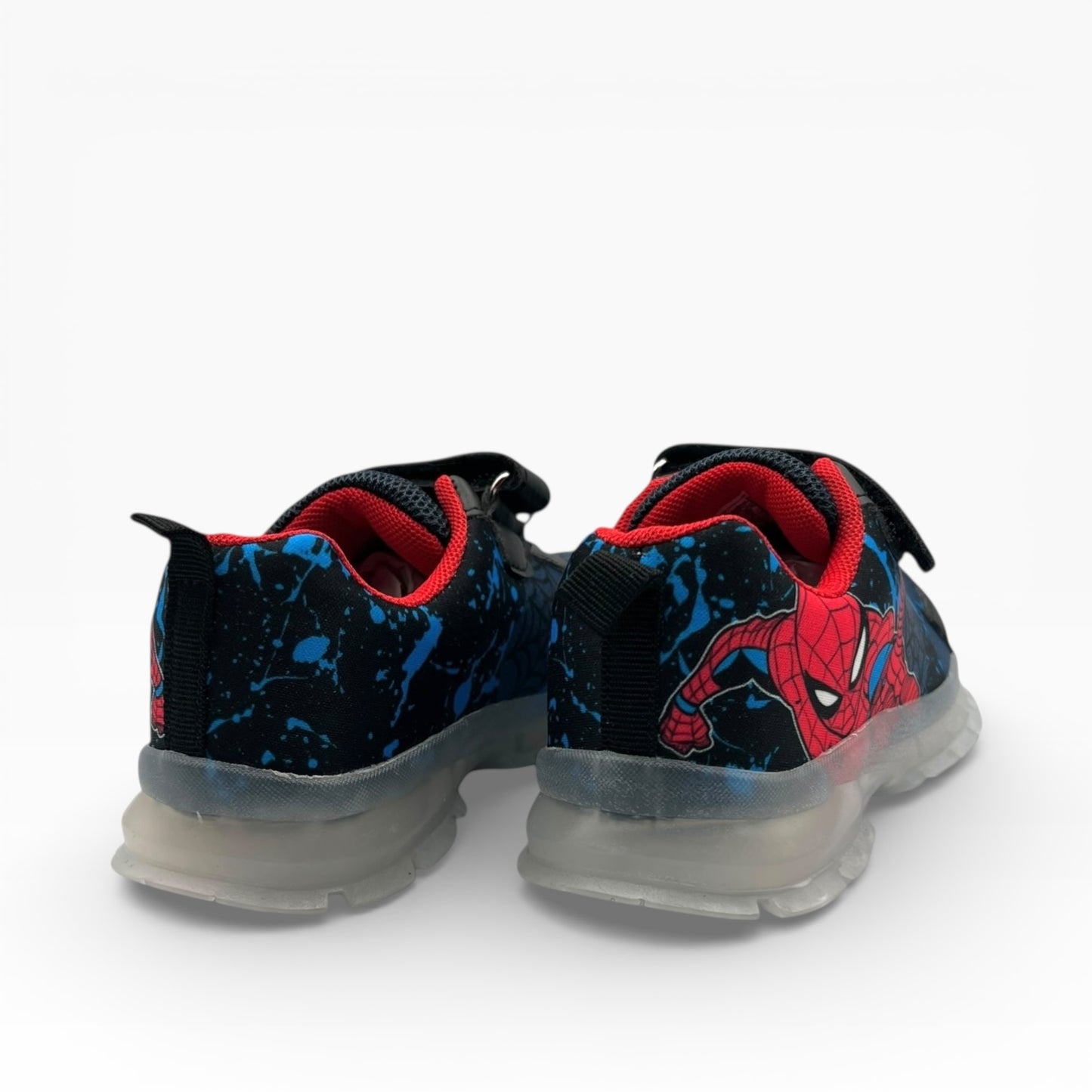 Baskets enfant Spiderman bleu et rouge LA CHAUSSURERIE, semelle transparente, fond blanc