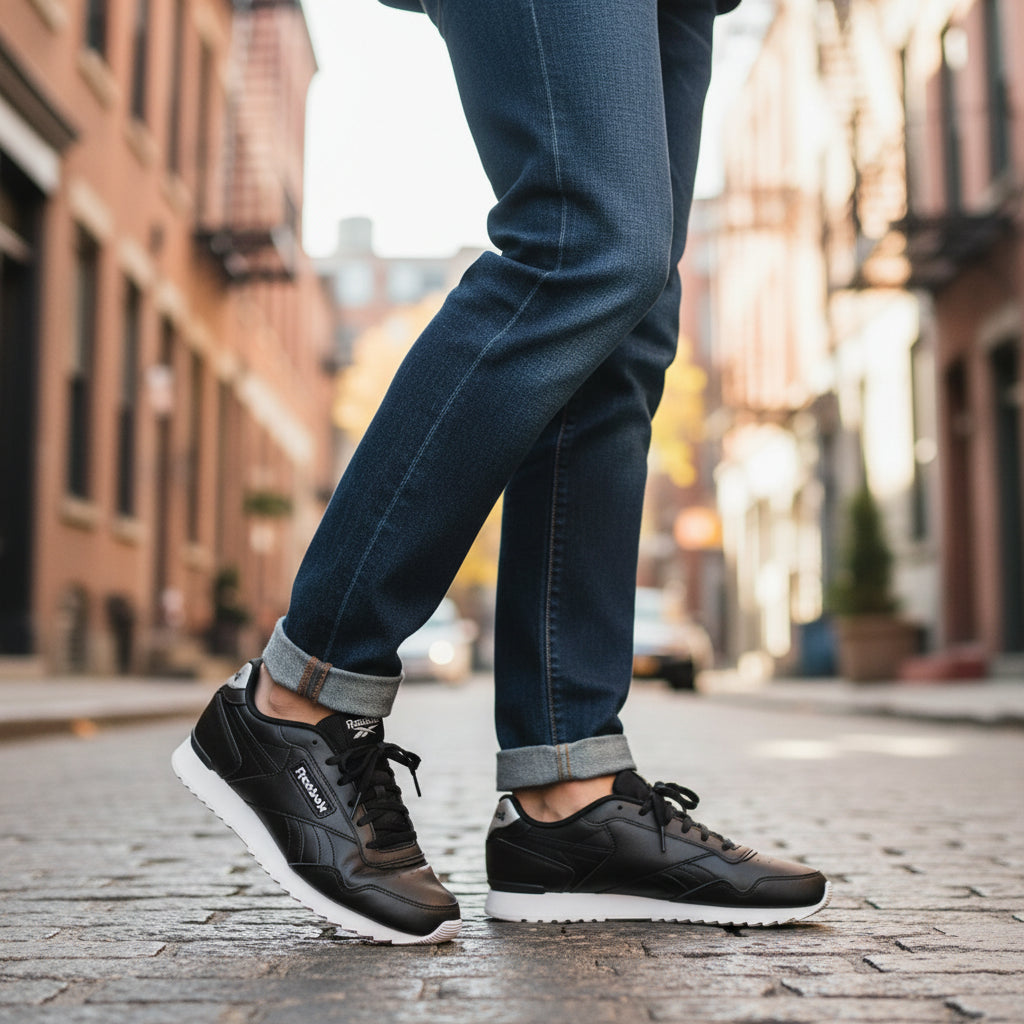 Sneakers basses Reebok Glide Ripple noires et argent portées en ville, LA CHAUSSURERIE