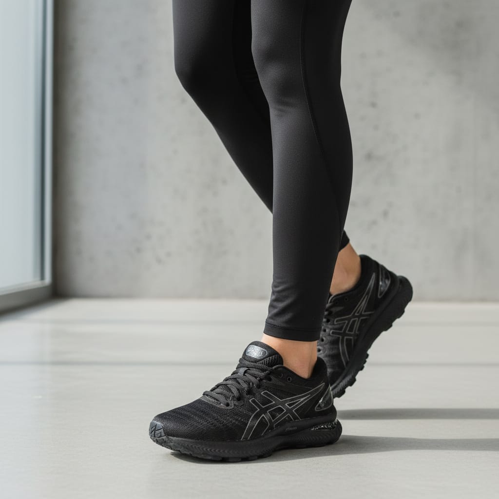 Baskets noires Asics sur femme en legging, sol moderne, LA CHAUSSURERIE