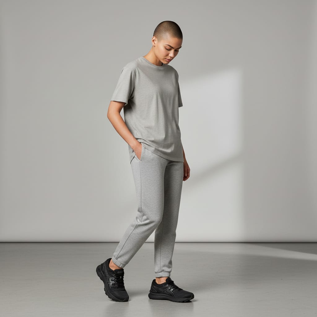 Personne en ensemble jogging gris et baskets noires, mode décontractée, studio LA CHAUSSURERIE