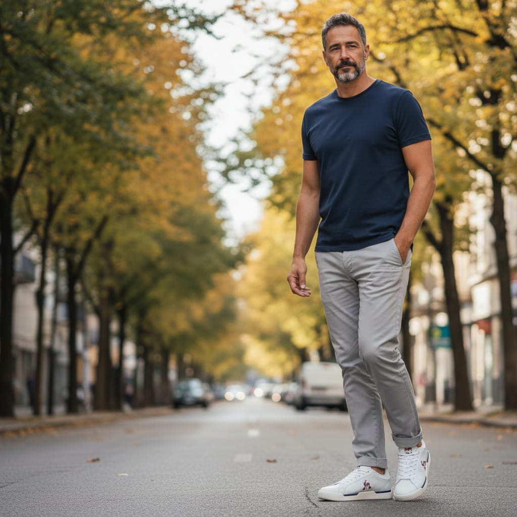 Homme élégant en baskets blanches LA CHAUSSURERIE marchant dans une rue bordée d’arbres