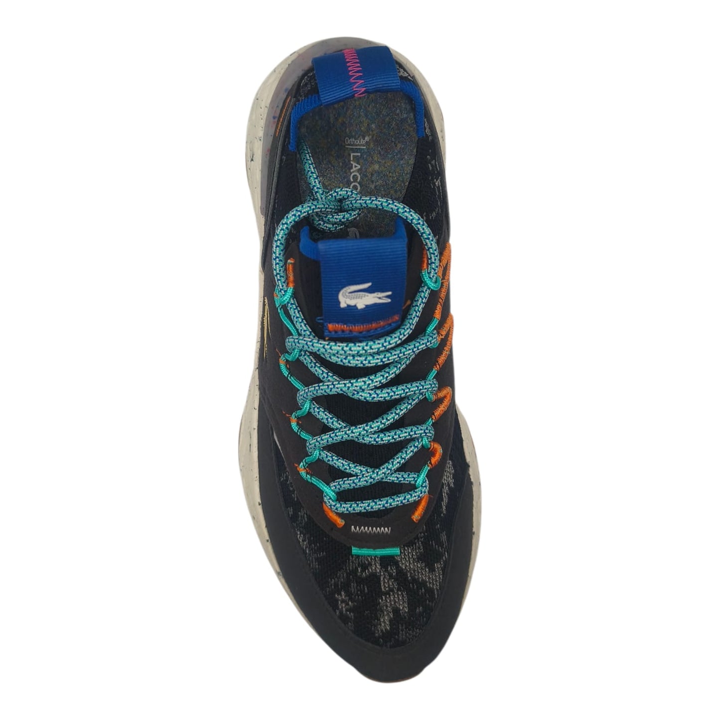 Baskets Lacoste homme, vue du dessus, lacets turquoise et détails orange, LA CHAUSSURERIE