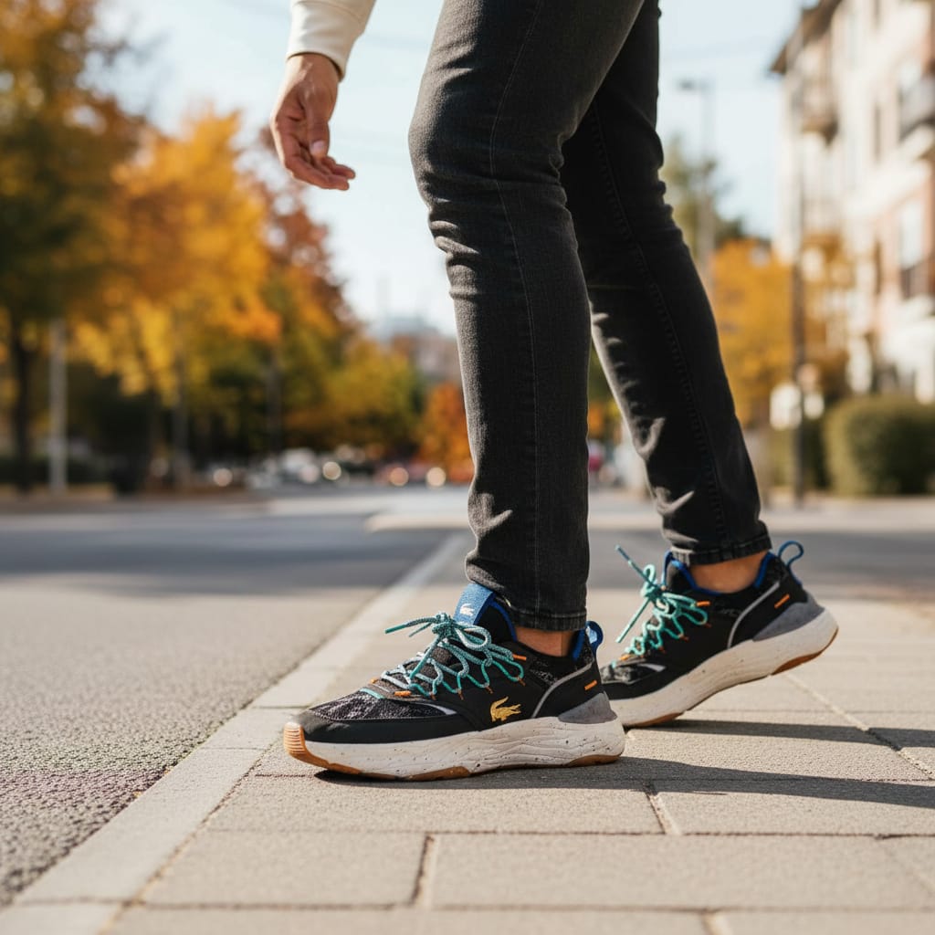 Homme en baskets Lacoste marchant en ville, automne, rue, mode urbaine LA CHAUSSURERIE