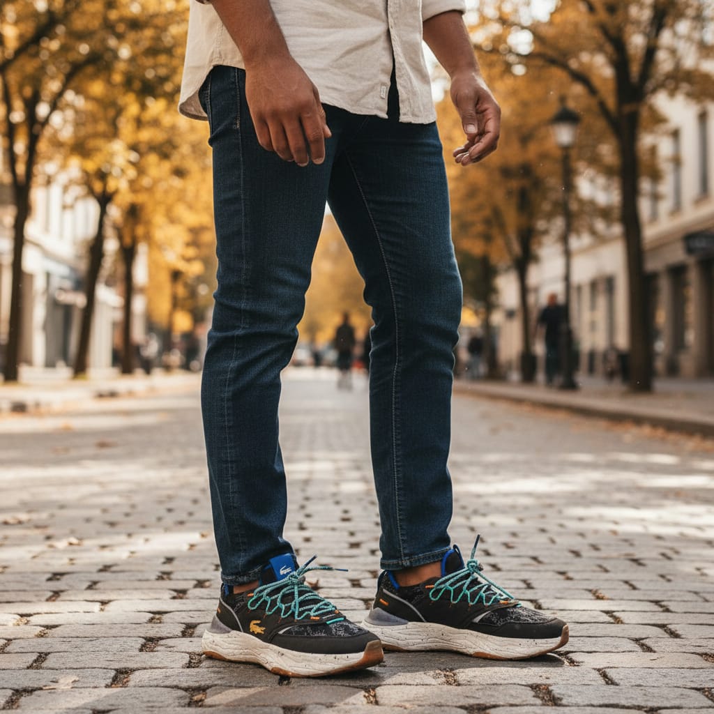 Homme en jean et baskets mode marchant en ville, automne, LA CHAUSSURERIE chaussures