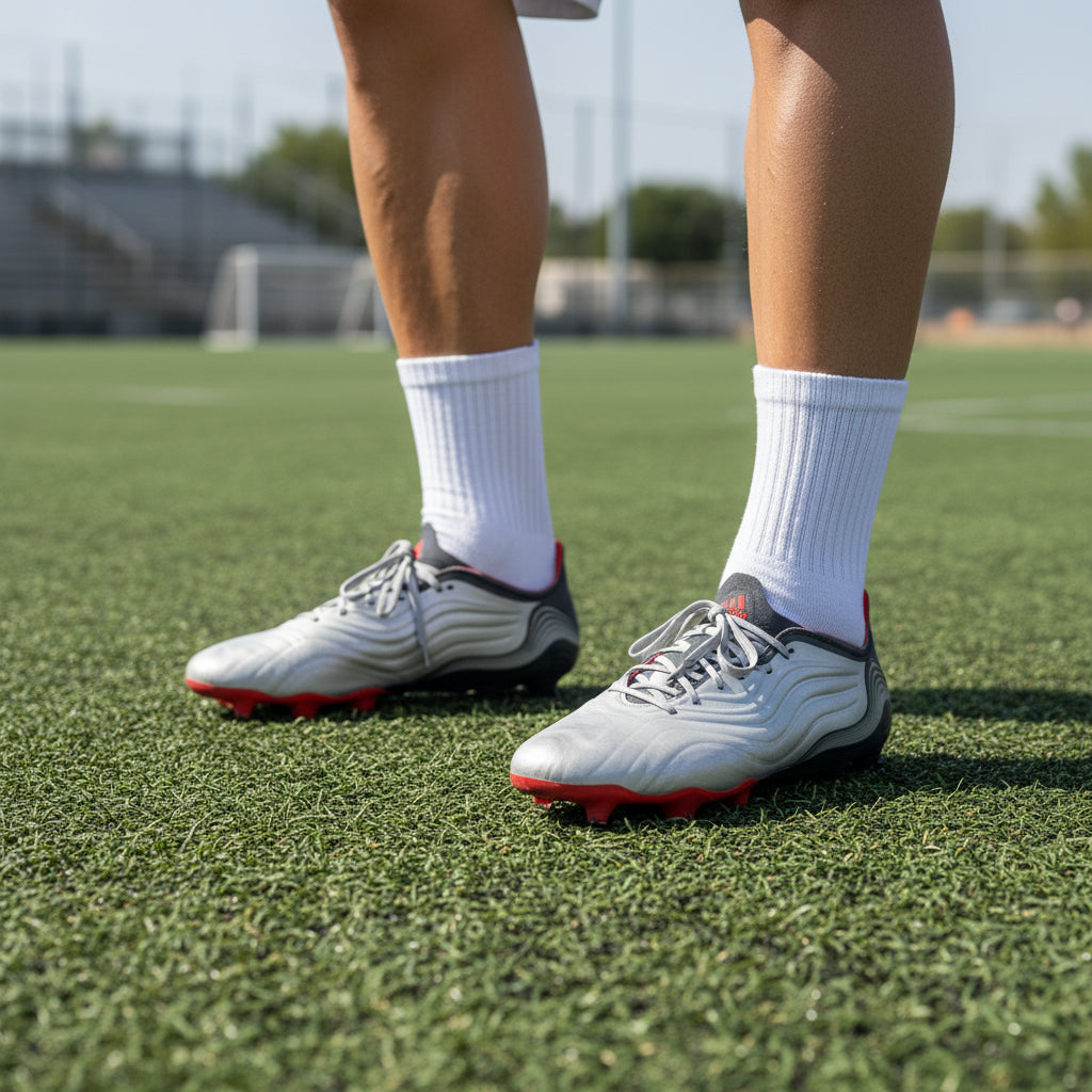 Chaussures adidas Copa Sense 1 FG portées sur terrain de football synthétique, LA CHAUSSURERIE
