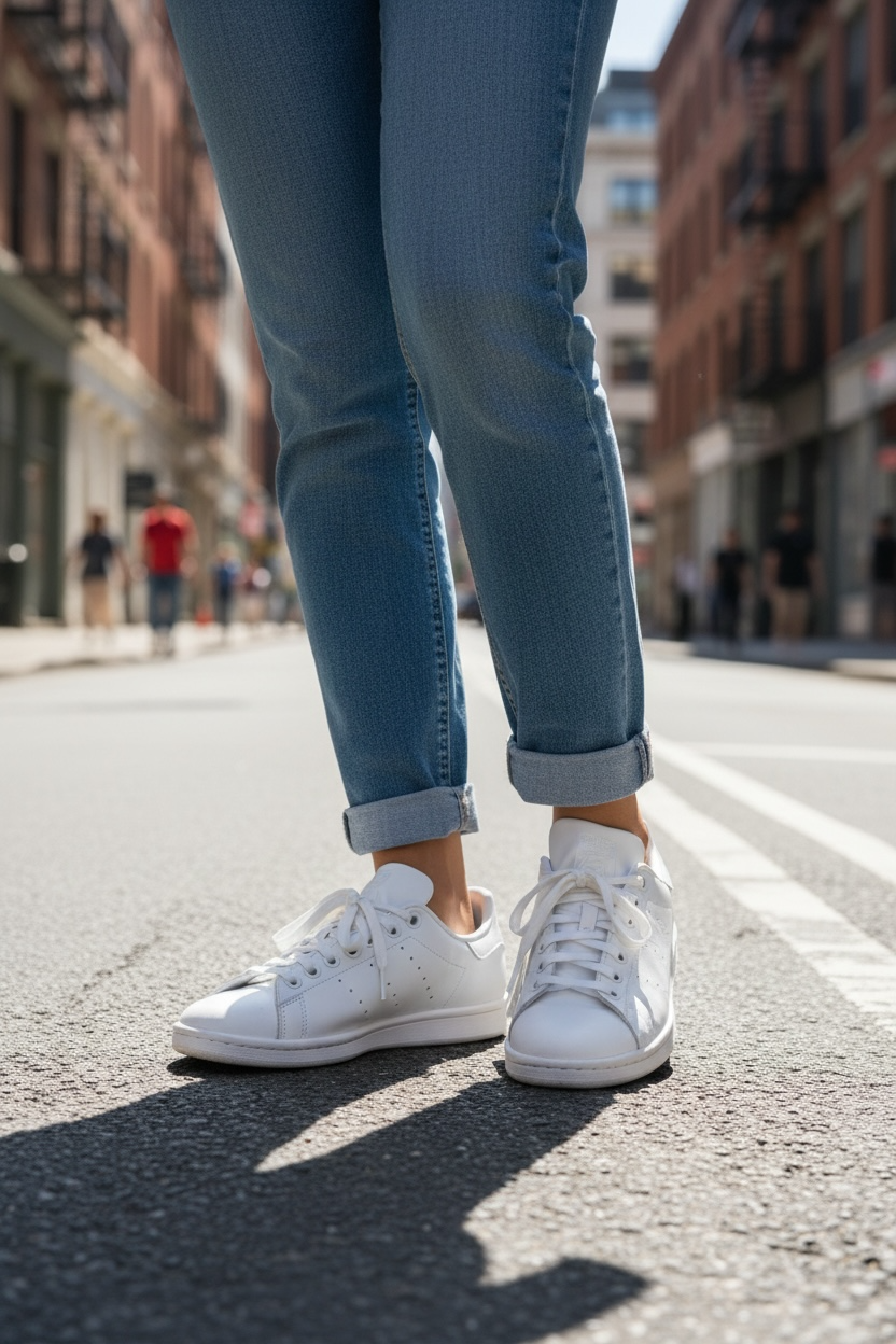 Adidas Stan Smith blanches en cuir portées avec jean, street style urbain, LA CHAUSSURERIE