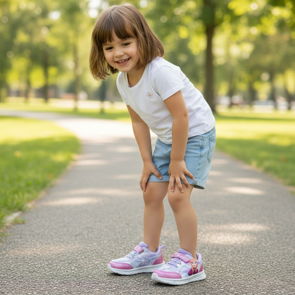 Fillette souriante portant des baskets La Reine des Neiges Elsa Anna paillettes, extérieur parc