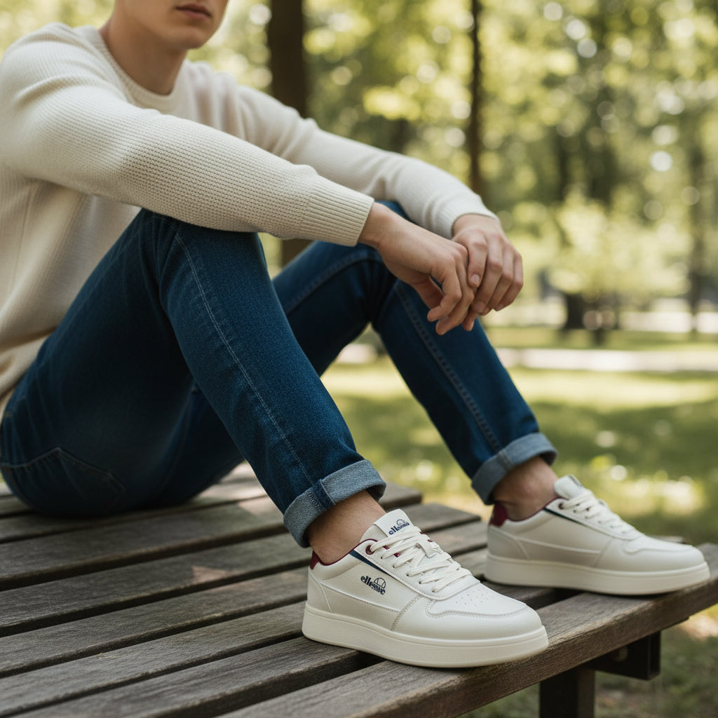 Basket Ellesse homme beige et bordeaux Panaro, mode urbaine, banc en parc, LA CHAUSSURERIE