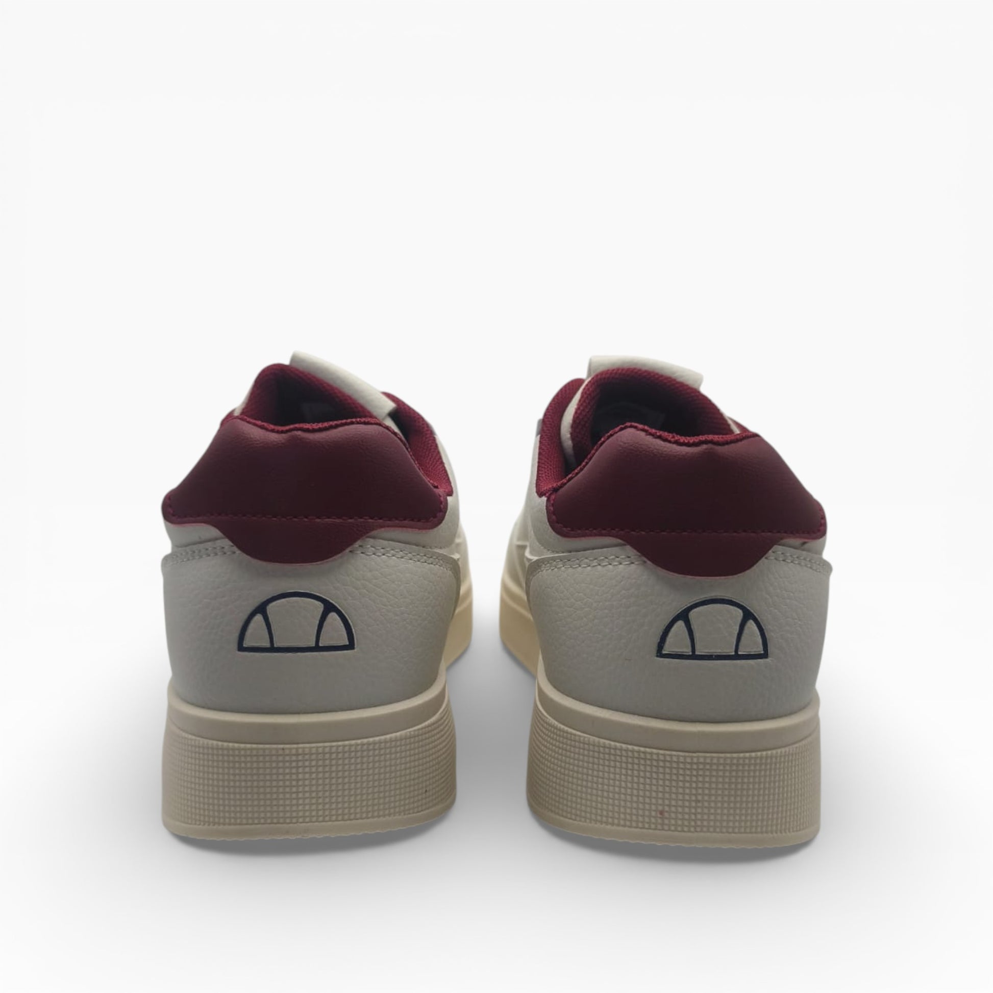 Baskets Ellesse homme beige et bordeaux vues de dos, logo sur le talon, LA CHAUSSURERIE