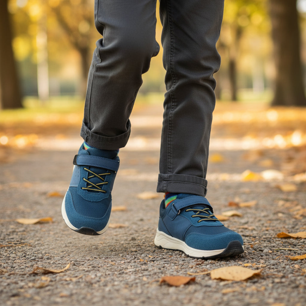 Baskets enfant bleues à scratch LA CHAUSSURERIE, portées en extérieur sur chemin d'automne