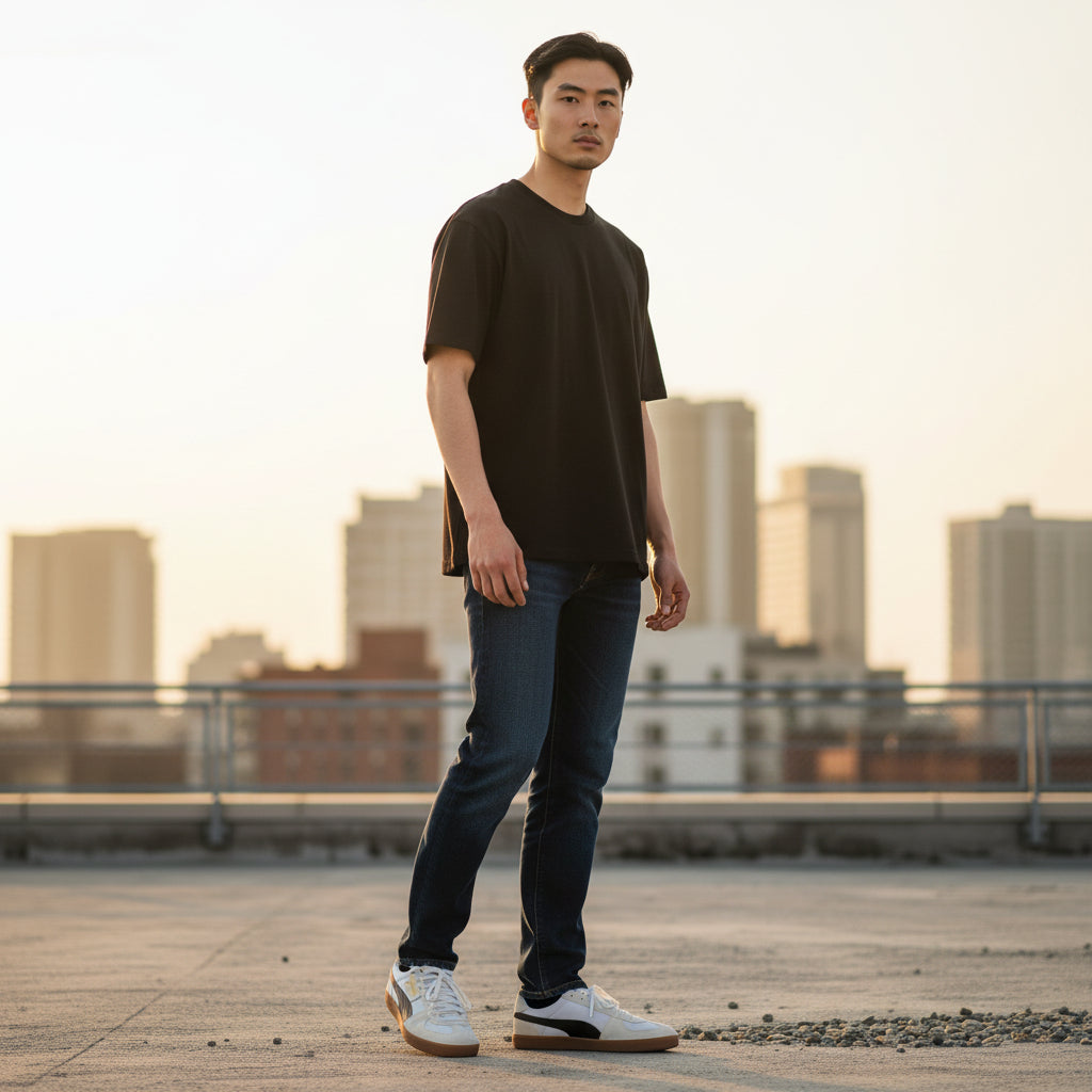 Homme portant basket Puma Super Team OG gris daim semelle gomme sur rooftop urbain