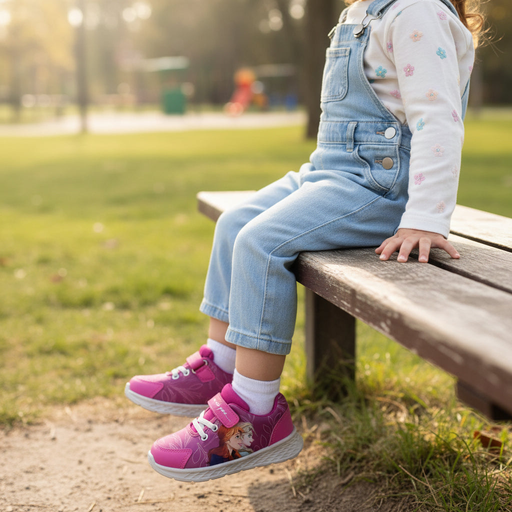 Baskets roses Reine des Neiges pour enfant, portées, banc de parc, LA CHAUSSURERIE