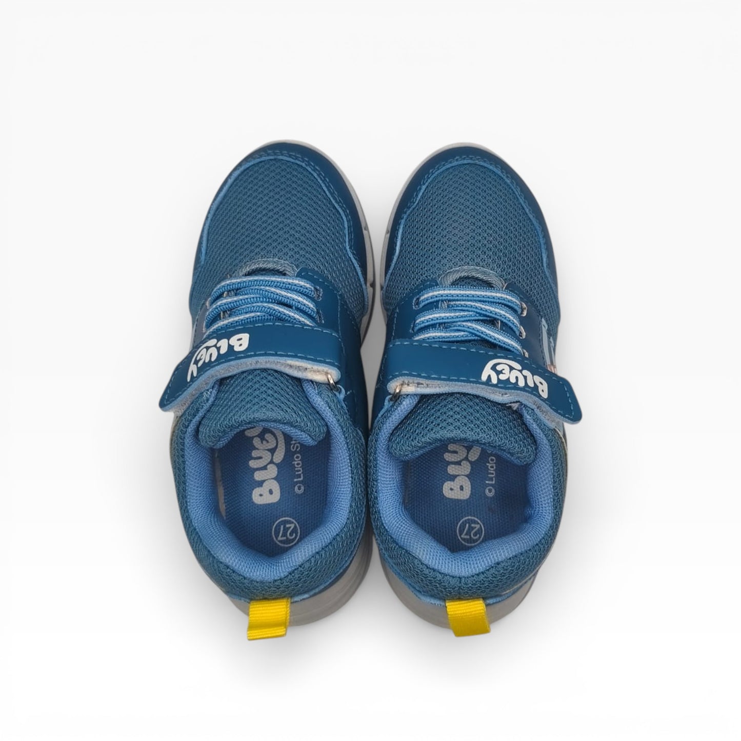 Paire de baskets enfants Bluey bleues en vue dessus, lacets et scratch, LA CHAUSSURERIE